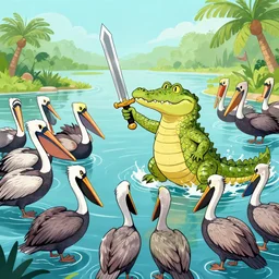 a crocodile holding a legendary sword, on a river fighting a group of pelicans, cartoon drawing