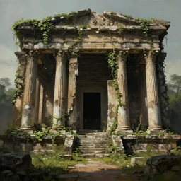 a ruined temple, with fallen columns and overgrown with vines. painting, digital art, harsh lighting, 4 k hd wallpaper, trending on art station