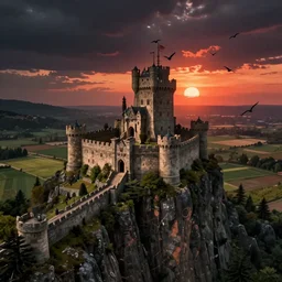 Castle on the edge of a cliff with a lot of fields outside the caste. walls, dystopia, dark atmosphere, sunset, bird view, digital art, high detail