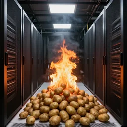 studio photo still of a server room filled with potatoes, on fire, 8 k, studio lighting, overhead lighting
