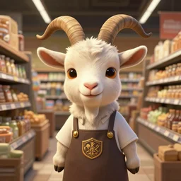 portrait of a cute animal pixar goat as a shopkeeper in a modern supermarket, deep focus, league of legends, d & d, fantasy, intricate, elegant, highly detailed, digital painting, artstation, concept art, matte, sharp focus, illustration, hearthstone, art by artgerm and greg rutkowski and alphonse mucha