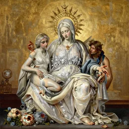 highly detailed 8 k la pieta medium shot painting of catholic veilded transparent lady with rotting flowers still life, lawrence alma - tadema, anna dittmann, slime, artstation, special effects makeup, maximalist, masterpiece, glittering, gold, silver, ivory, hyperreal, orientalism, nicola samori