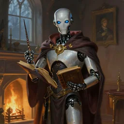 portrait of a robot wizard carrying a book on his left hand and a wand in his right hand, fireplace, window, intellectual, sofisticated, fantasy, highly detailed, digital painting, artstation, concept art, character art, art by greg rutkowski and tyler jacobson and alphonse mucha