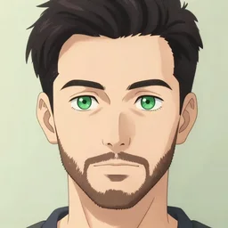 beautiful anime of bold head with little beard and green eyes, by sherree valentine daines, peter mohrbacher, alice neel, donato giancola, mike winkelmann, laurie greasley. trending on artstation, 8 k, masterpiece, graffiti, fine detail, full of color, intricate detail, golden ratio illustration, face detail