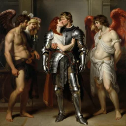 attractive handsome fully clothed beck hansen confesses his love for attractive fully armored bjorl. centered composition. highly detailed painting by gaston bussiere and j. c. leyendecker and william adolphe bouguereau and fra angelico and octane render, musee d'orsay 8 k