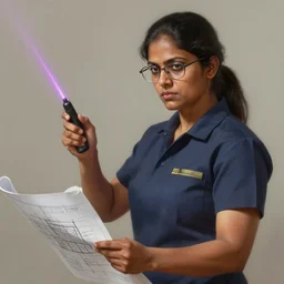 epic portrait of slightly muscular indian woman wearing short sleeved instructor uniform using laser - pointer on construction plan blueprint, glasses, detailed, digital painting, artstation, concept art, donato giancola, joseph christian leyendecker, wlop, boris vallejo, breathtaking, 8 k resolution, extremely detailed beautiful, establishing shot, artistic hyperrealistic, beautiful face octane render