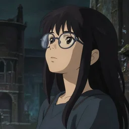 a young girl with bangs and wearing glasses looking to the sky, cinematic lighting, dramatic atmosphere, studio lighting delicate features finely detailed perfect art, at an ancient city, gapmoe yandere grimdark, trending on pixiv fanbox, painted by greg rutkowski makoto shinkai takashi takeuchi studio ghibli