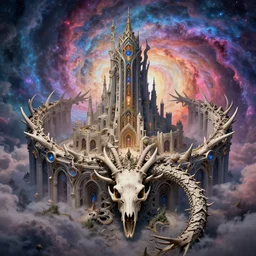 dragon skull and antler castle in the beautiful nebular vortex realm, art nouveau architecture, massive ramparts, hyperdetailed infrastructure by greg rutkowski, satoshi kon and rodney matthews, artstation, epic psychedelic atmosphere, clouds, photorealism, complex color scheme, uhd