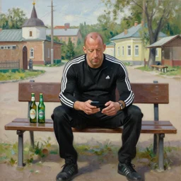 vin diesel in black adidas sport costume, as gopnik character, sitting on a bench with 2 l beer bottle and a smartphone, in the courtyard of a provincial russian town, intricate, oil on canvas, naturalism