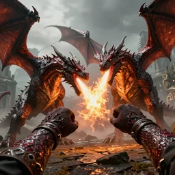fighting dragons, pov, unreal engine, hyper realistic, arms, dragons breathing fire,