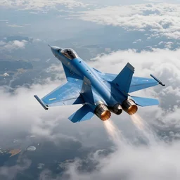 picture of a blue colored fighter jet flying through dense clouds with active after burner, earth background, intricate detail, beautiful lighting, trending on artstation, 8 k