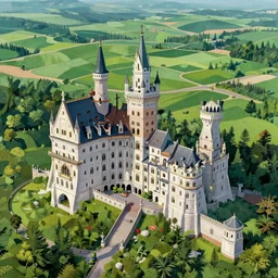 utopian castle from above, green landscape, intricate, elegant, highly detailed, perspective view, vivid colors, john park, frazetta, sparth, ruan jia, jeffrey catherine jones