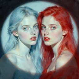 portrait of two stunningly beautiful girls, intimate, faded shades of light blue and red, beautiful face, rule of thirds, haute couture, spotlight, by greg rutkowski, by jeremy mann, by francoise nielly, by van gogh, digital painting