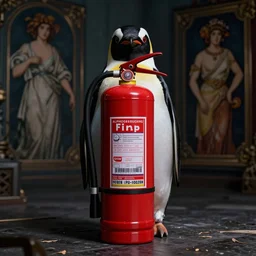 a hyperrealistic render of a penguin disguised as a fire extinguisher, by wlop, artgerm, greg rutkowski, alphonse mucha, beautiful dynamic dramatic dark moody lighting, shadows, cinematic atmosphere, artstation, concept design art, octane render, 8 k