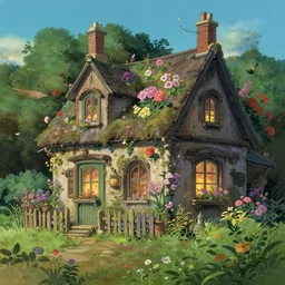 flowery cottage, evening, highly detailed, studio ghibli, artstation