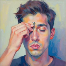 pastel abstract painting of a man removing a nail from his third eye
