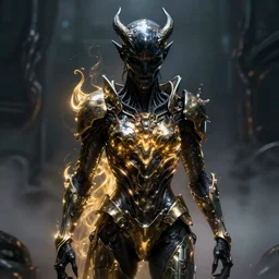 a dark sci fi horror quarter - length portrait of a shadow demon wearing futuristic sci fi armor made of metal plates, neon fluid aura, cinematic lighting, smooth, high detail, dark fantasy, unreal engine, octane render, by rafael grassetti, golden rule, menacing, fog volumes, vivid color glow, post processing, cgsociety