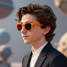 Timothee Chalamet in Valerian and the city of a thousand planets, portait photo, profile picture, hyperrealistic, concept art, orange sunglasses, day time, octane render, unreal engine 5, digital art, high quality, highly detailed, 8K, cute, defined face, elegant clothes, trending on DeviantArt