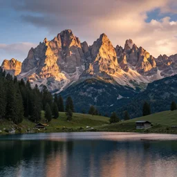 extremely beautiful alpine scenery at sundown, dolomites, calm lake in foreground