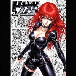 highly detailed professional 9 0 s seinen mecha manga cover art of goth woman with red hair, red eyes, leather clothes, black makeup. chunibyo. horror action cyberpunk action manga cover promo art. detailed intricate environment. pencils by ilya kuvshinov, painted by zdzislaw beksinski, inks & layouts by tsutomu nihei.