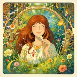 lucy in the sky with diamonds, blotter art, in the style of robert crumb and lisa frank, studio ghibli, mucha, art nouveau, art deco, beautiful nature, serenity, cartoon, realistic, photograph, trending on artstation, vivid, surreal, beautiful, loving athmosphere, summer of love, smiling faces, tasty, smelling good, good vibrations, gentle breeze blowing