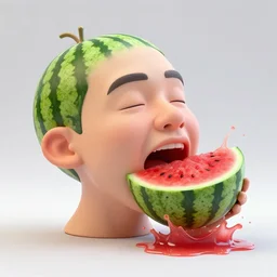 a funny sculpture of a squashed human head eating a whole watermelon, splashing fruit juice, funny face, vibrant, in the style of mike campau, cg render, ray tracing, 8 k resolution, sharp