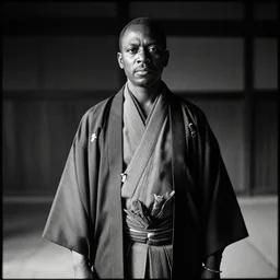 analogue photo of an african chief wearing Haori & Hakama, 35mm, f/1.4, black & white, dramatic lighting, national geographic, photographed by Martha Cooper,