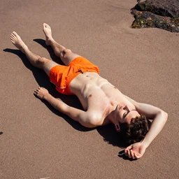 top view of young man in orange swimming trunks lying on the ground. he is sunbathing on seashore in scottland, intense, incredibly detailed, studio, 85mm Sigma Art lens