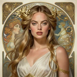 Margot Robbie as a Greek Goddess, cute, fantasy, intricate, elegant, highly detailed, digital painting, 4k, HDR, concept art, smooth, sharp focus, illustration, art by Artgerm, H R Giger and Alphonse Mucha
