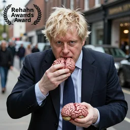 Boris Johnson eating a brain, morbid, evil, dark photography, realistic, candid street portrait in the style of Rehahn award winning, Sony a7R,