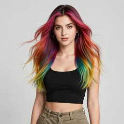 a award winning half body portrait of a beautiful woman with stunning eyes in a croptop and cargo pants with rainbow colored ombre hairstyle head in motion and hair flying by thomas danthony, surrounded by whirling illuminated liquids, outrun, vaporware, shaded flat illustration, digital art, trending on artstation, highly detailed, fine detail, intricate