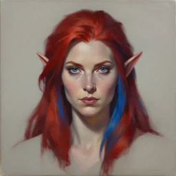 A detailed matte oil on canvas head on symmetrical portrait of a distinguished elven woman with red blue hair on an empty background ,  by Charlie bowater and lise deharme wlop, trending on artstationhd,  dungeons and dragons art, critical role