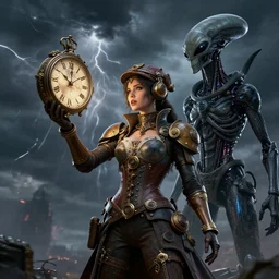 by kaburagi kiyokata and android jones, visually stunning, cinematic, ultra realistic, hyper realism, 1 2 k, epic, octane render, unreal engine, vfx, maya, a woman dressed in steam punk clothing holding a clock, speak to the storm, vitruvian alien, sure it'll be done to fantasies styles, circuitry, ornate