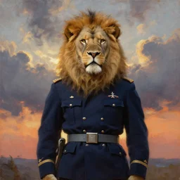 lion warrior in navy soldier uniform, very textured detailed oil painting panoramic portrait by rembrandt, backlight, dramatic clouds ,sunset