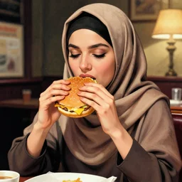 woman in a burka eating a cheeseburger. by alan lee. very detailed - n 4