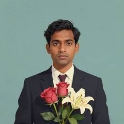 artwork by Wes Anderson, Wes Anderson and Wes Anderson, of a solo individual portrait of an Indian guy with roses roses lily, dapper, simple illustration, domestic, nostalgic, full of details, by Wes Anderson and Wes Anderson, wes anderson, wes anderson, wes anderson, wes anderson, wes anderson, Matte painting, trending on artstation and unreal engine