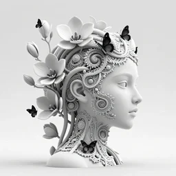 a black and white 3D render of a beautiful profile face portrait of a female vegetal-dragon-cyborg, 150 mm, orchid stems, magnolias, black butterflies, fine lace, Mandelbrot fractal, anatomical, flesh, facial muscles, cable wires, microchip, veins, arteries, full frame, microscopic, elegant, highly detailed, flesh ornate, elegant, high fashion, rim light, octane render in the style of H.R. Giger and Man Ray