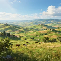 a vast ancient italian landscape with farm animals the style of thomas cole, raytracing, 8 k, octane render, volumetric, vivid, beautiful, hyperrealism