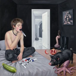 painting of queer artist's bedroom with black walls, emo artist eating blackberries, knife, tesla model x, paint tubes, a liminal doorway to the future, zen, high black boots, pomegranate, a black pig, courgette, octopus, sensual