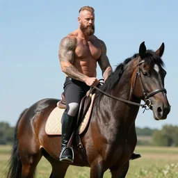 bearded bodybuilder with tattoos riding a Friesian horse