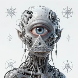 eldritch being intertwined with technology, robotic eye, pyramid symbol, paranoia, wires, occult symbols, cyberpunk, digital art, very detailed, colored, clean lines