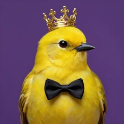 an elegant yellow bird wearing a crown and a bow tie, purple background, very beautiful, artstation, high quality, sharp, hyperrealistic, dramatic lighting, loose brush strokes, by greg rutkowski, by artgerm, by alphonse mucha