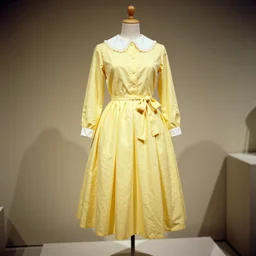 the film still photographed image is a vintage leisure wear from the 1 9 5 0 s. the ensemble is inspired by yellow princess aesthetic. it is displayed on a mannequin in a museum exhibit.