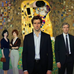 portrait of man outside office building, cynical realism, saturated, dramatic lighting, painterly, yoshitaka amano, miles johnston, moebius, beautiful lighting, miles johnston, klimt, tendrils, in the style of, louise zhang, victor charreton, james jean, two figures