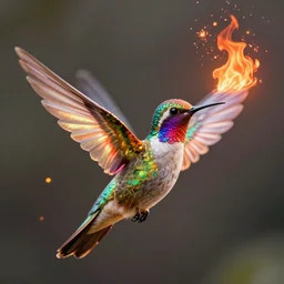 cute flying hummingbird phoenix, embers surrounding her wings, shining rainbow feathers, smooth features, on fire, highly stylized, digital painting, artstation, concept art, smooth, soft focus, beautiful rainbow colors, illustration, hummingbird phoenix art by Artgerm and greg rutkowski