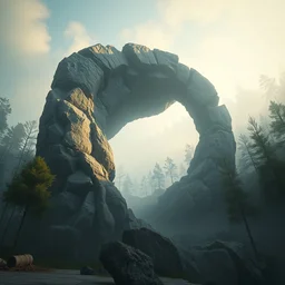 foreground of tall rock structure as a swirling spiral vortex, background of trees and brutalist concrete, dramatic lighting, morning fog, hyper detailed, digital art, trending on artstation, cinematic lighting, smooth render, octane render, art style by ruan jia and greg rutkowski and peter mohrbacher and wlop and krenz cushart