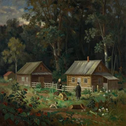 A beautiful painting of russian village in dark forest by ivan shishkin and stephen hickman, trending on artstation,matte painting