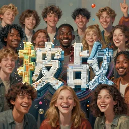 cinematic epic shot, groups of happy humans, hyper realistic, painting detailed flow of beautiful digital objects, text morphing into objects, highly detailed, super realistic, perfect lighting pixel sorting, style sheet