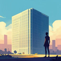 artwork of a building and humanoid in a nice scenery in the style of blade runner,