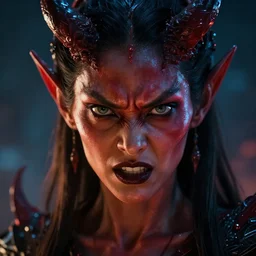 cinematic shot of an epic portrait of an angry demon dressed, stylised, shiny skin, beautiful eyes, beautiful, small details, night setting, realistic poster with volumetric light from craig mallism, artgerm, jeremy lipkin and michael garmash, unreal engine, radiant light, digital art, trends at art station, a masterpiece